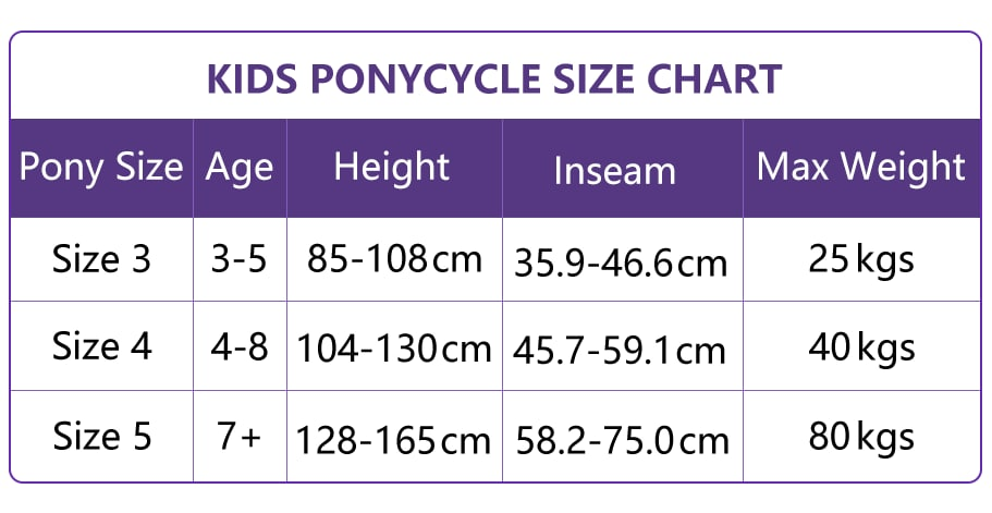 PonyCycle size chart