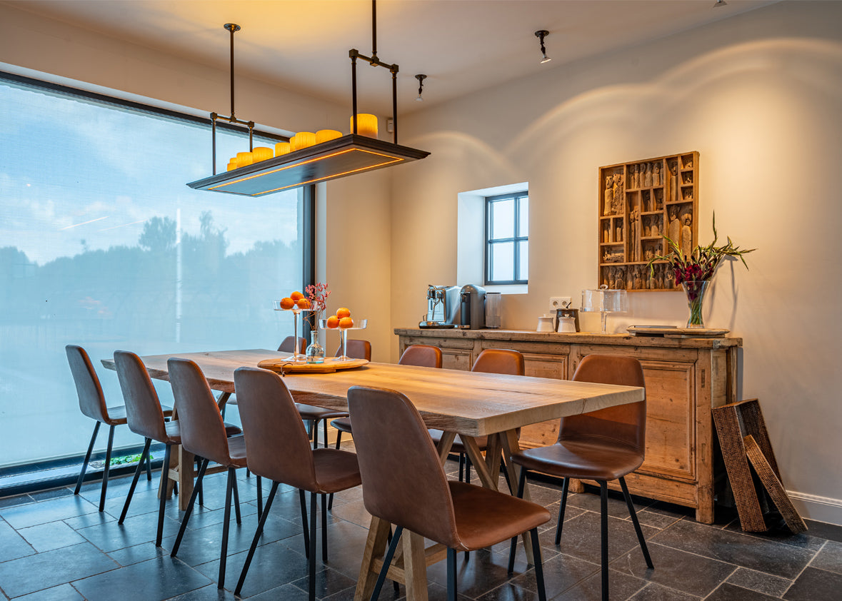 Authentage_Bellefeu suspension above a table_exclusive pendant light_led with candle light_marron spotlight_kathleen meurrens