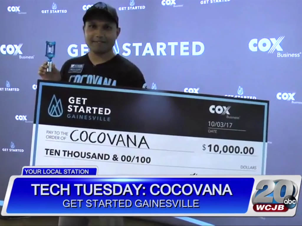 Cocovana Sheldon Barrett 2017 Get Started Gainesville Pitch Competition Cox Business Communications Coconut Twist ABC News Tech Tuesday WCJB TV20 Winner Check