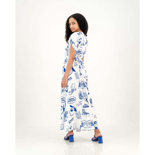 Emilia Cut Out Dress in Blue & White Amalfi Print