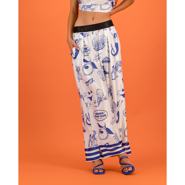 Satin Pants - Blue & White Italian Print with Border