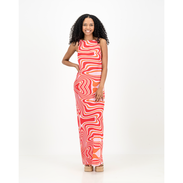 Plisse Open Back Dress - Pink, Red & Orange Swirl