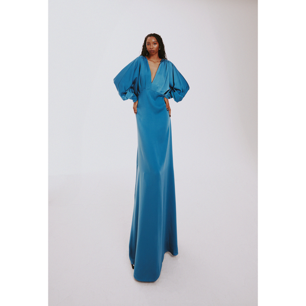 Long Sleeve Satin Formal Dress in Mallard Blue