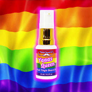 Image of Bondi Beard Co. Yaaas Queen Fruit Tingle Beard Oil with rainbow label, and pride flag background.
