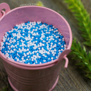 Blue & White 100s & 1000s  These ever popular small sugar balls are perfect to top any cupcake, large cake, ice cream, shake and more...