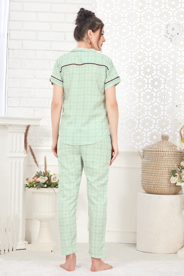 Light Green Checkered Pattern Cotton Night Suit-1084 - The Loungewear
