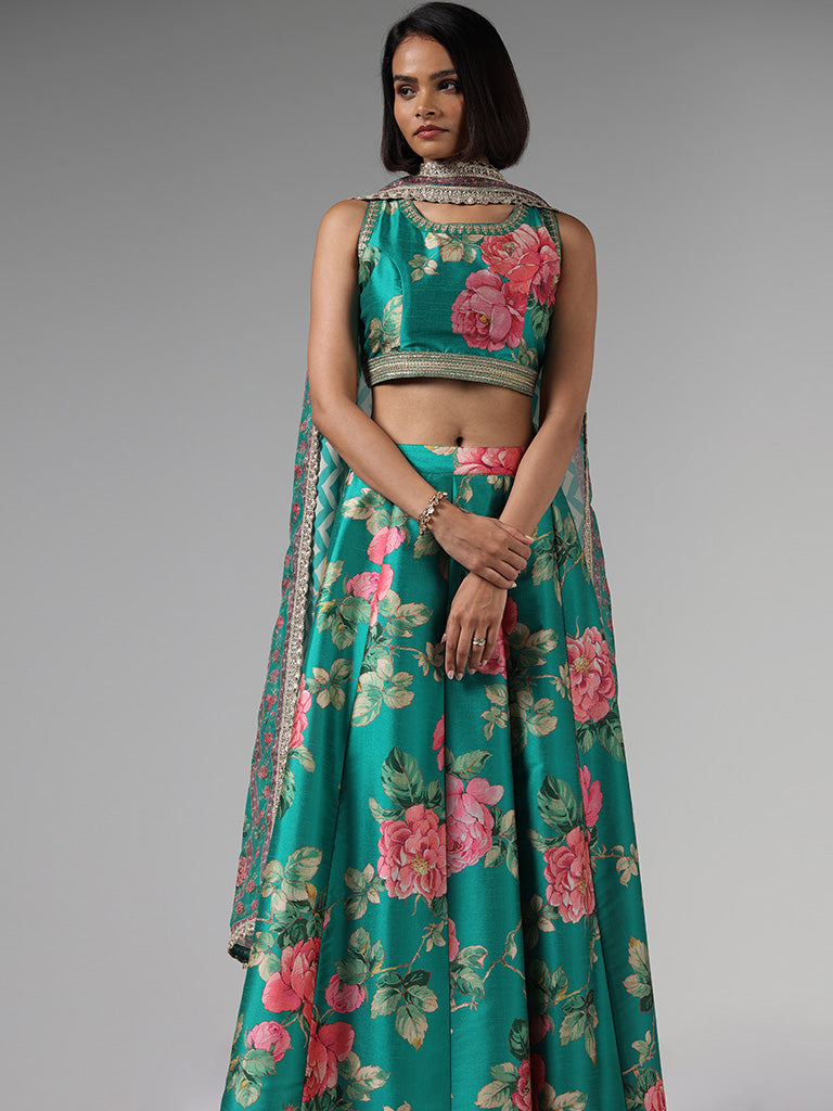 Buy Blue Tissue Embroidery Aari Round Floral Kurta Lehenga Set For Women by  Osaa by Adarsh Online at Aza Fashions.