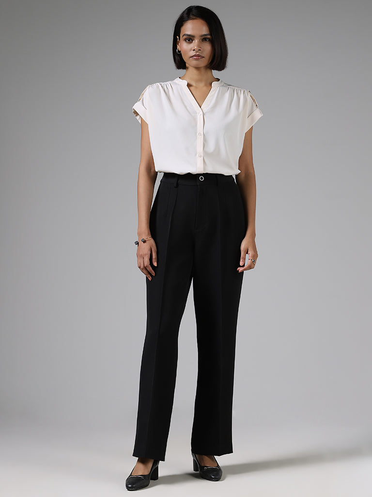 floral-shirt-women's-business-casual-clothing-black-high-waist