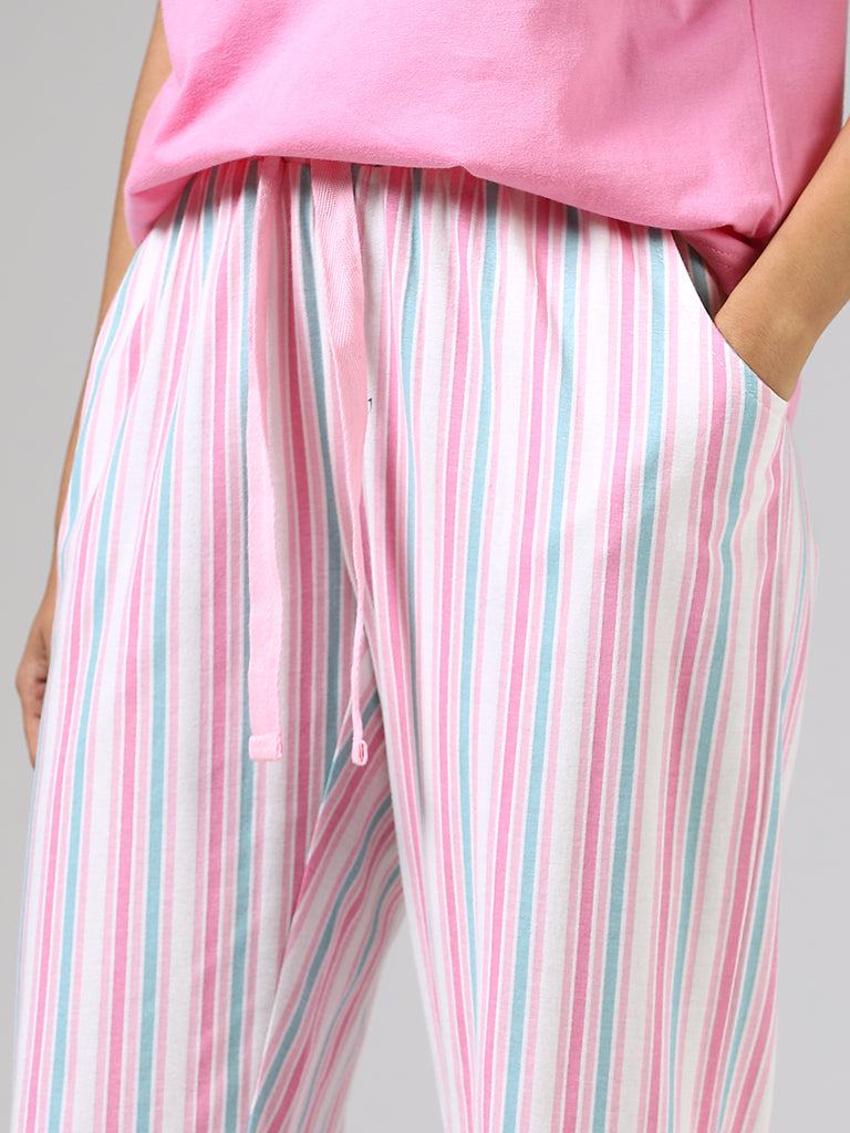 Buy Wunderlove White & Dusty Rose Striped Supersoft Pyjamas from Westside