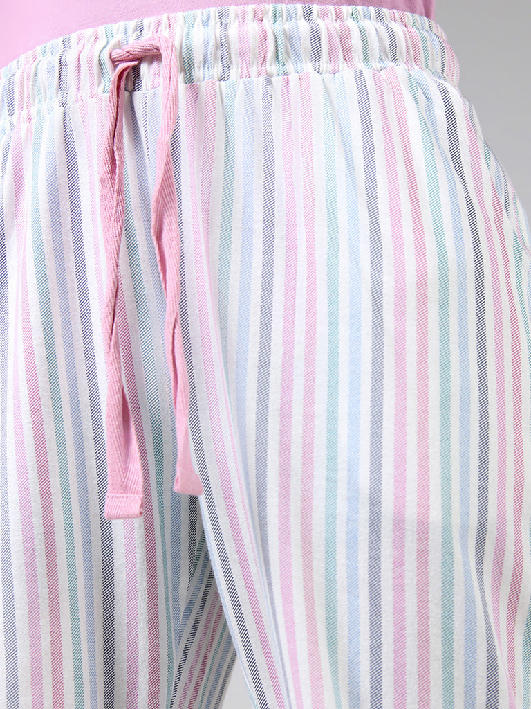 Buy Wunderlove White & Dusty Rose Striped Supersoft Pyjamas from Westside