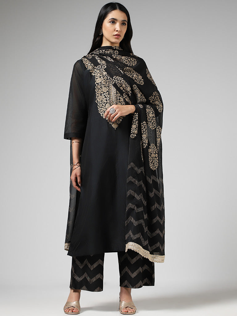 Black Kurta Churidar With Floral Printed Nehru Jacket 746MW09