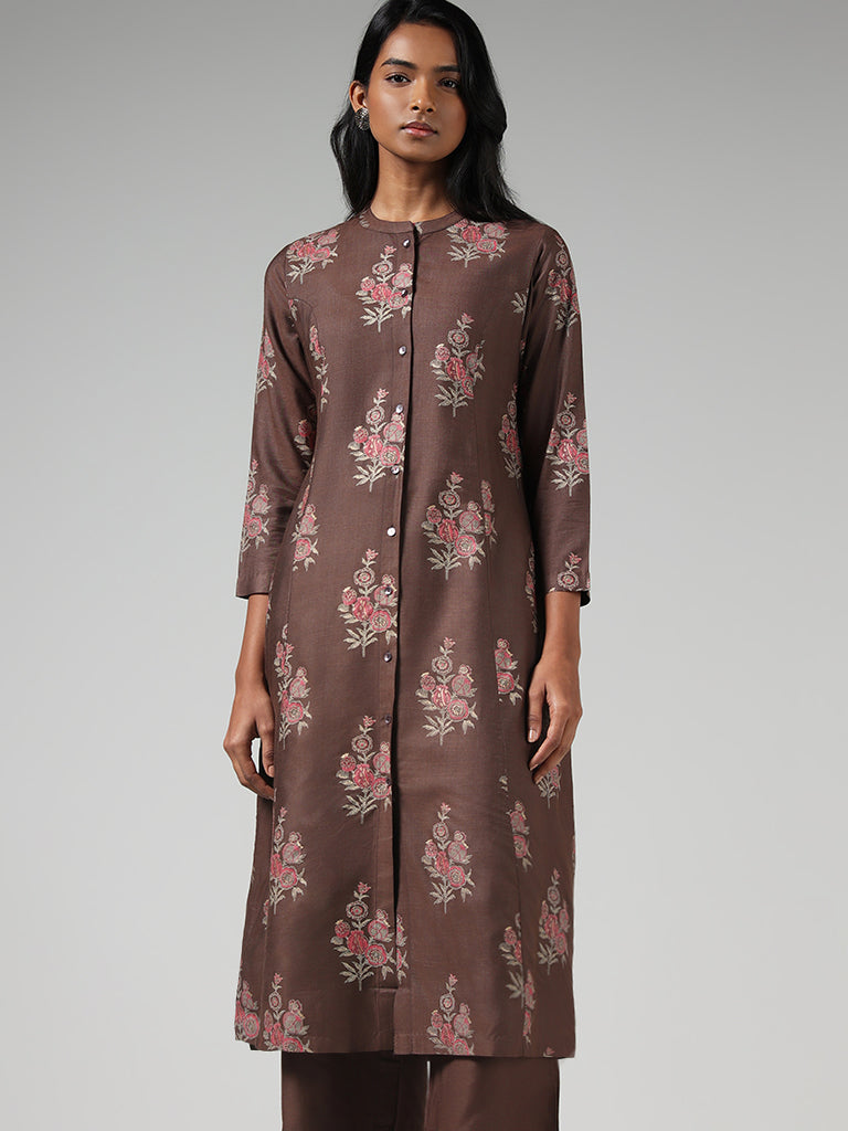 Printed Brown Color Stitched Kurti In Cotton Fabric - Zakarto
