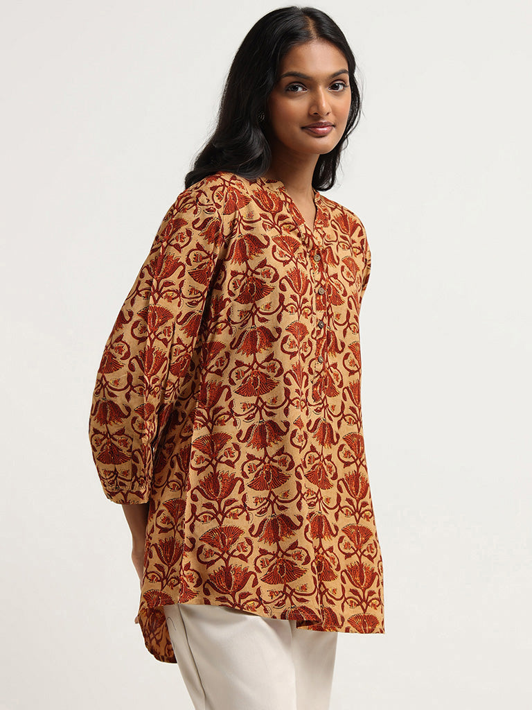 Women Brown Printed Straight Tunic With Three Quarter Sleeves – Nayo  Clothing