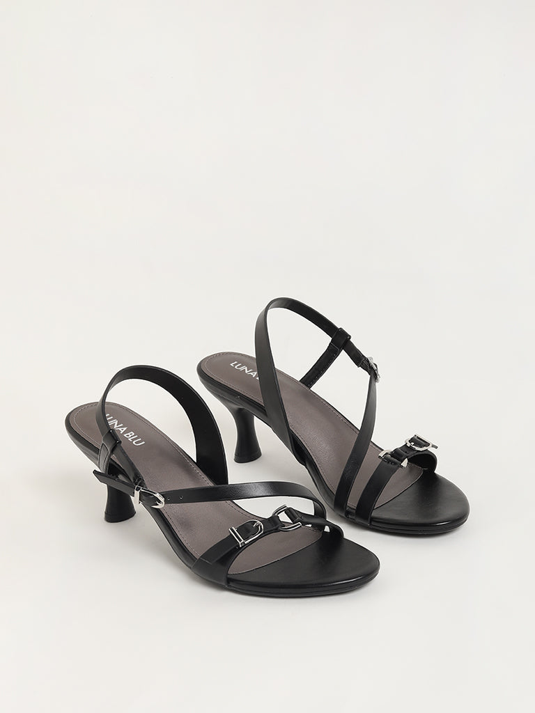 London Rebel strappy low heel sandals in black patent croc | ASOS