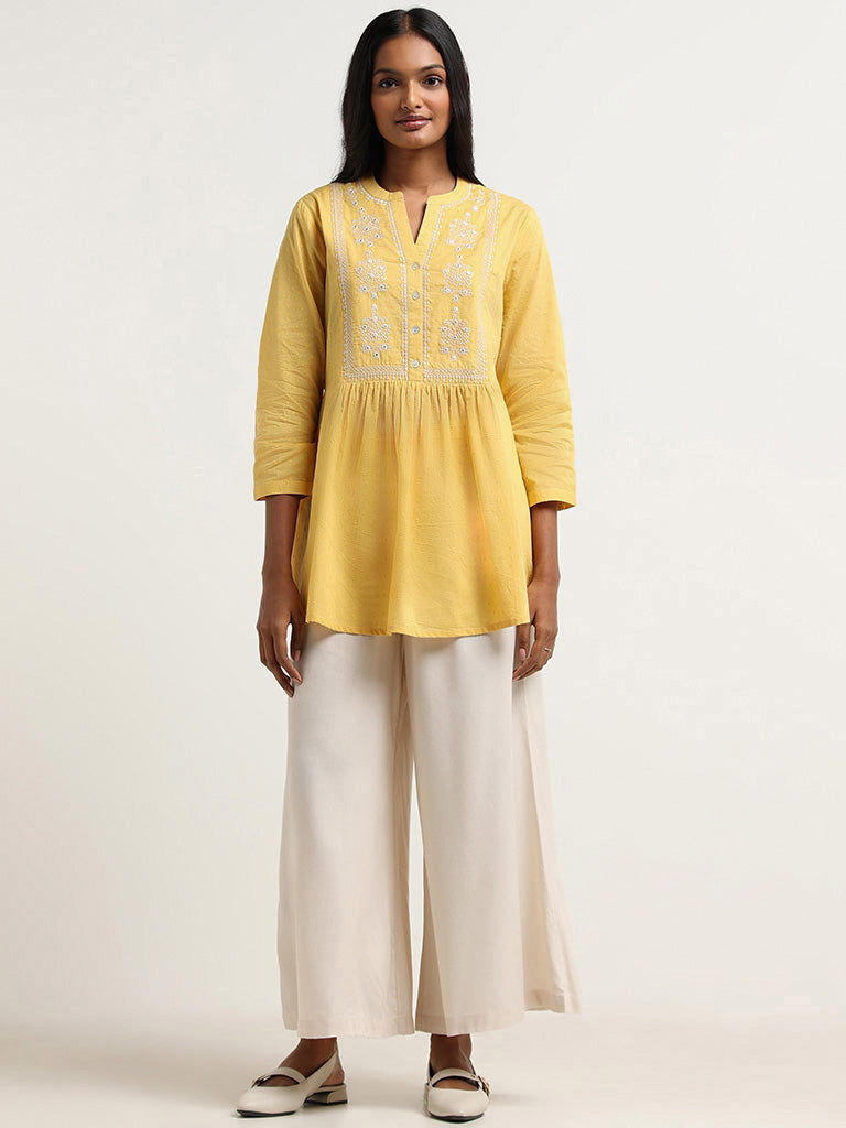 Women Mustard Yellow Pleated Kurta with Trousers | Embroidered kurti,  Women, Pleated