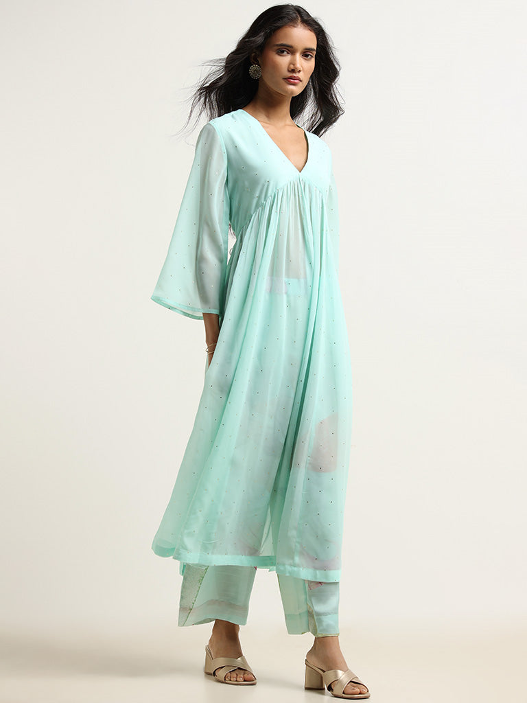 Buy Women Blue Muslin Embellished Sharara With Anarkali Kurta And Dupatta  (Set Of 3) - Feed-Kurta-Sets - Indya