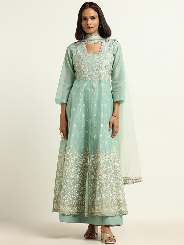 Buy Pakistani Dresses - Pista Green Multi Embroidery Pakistani Palazzo Suit