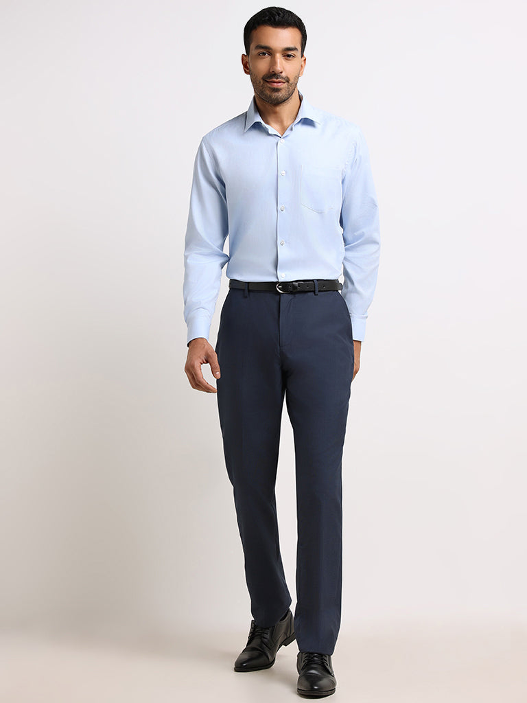 Buy WES Formals Solid Navy Slim Fit Trousers from Westside