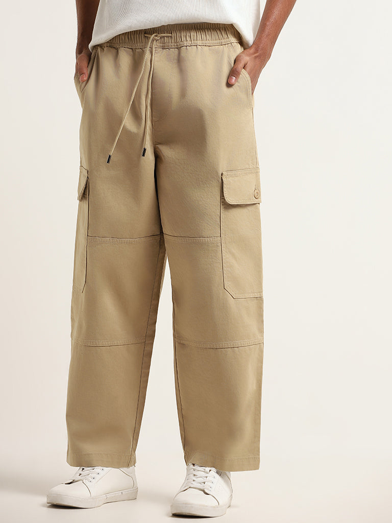 Buy Beige Cotton Solid Straight Pant Online in India