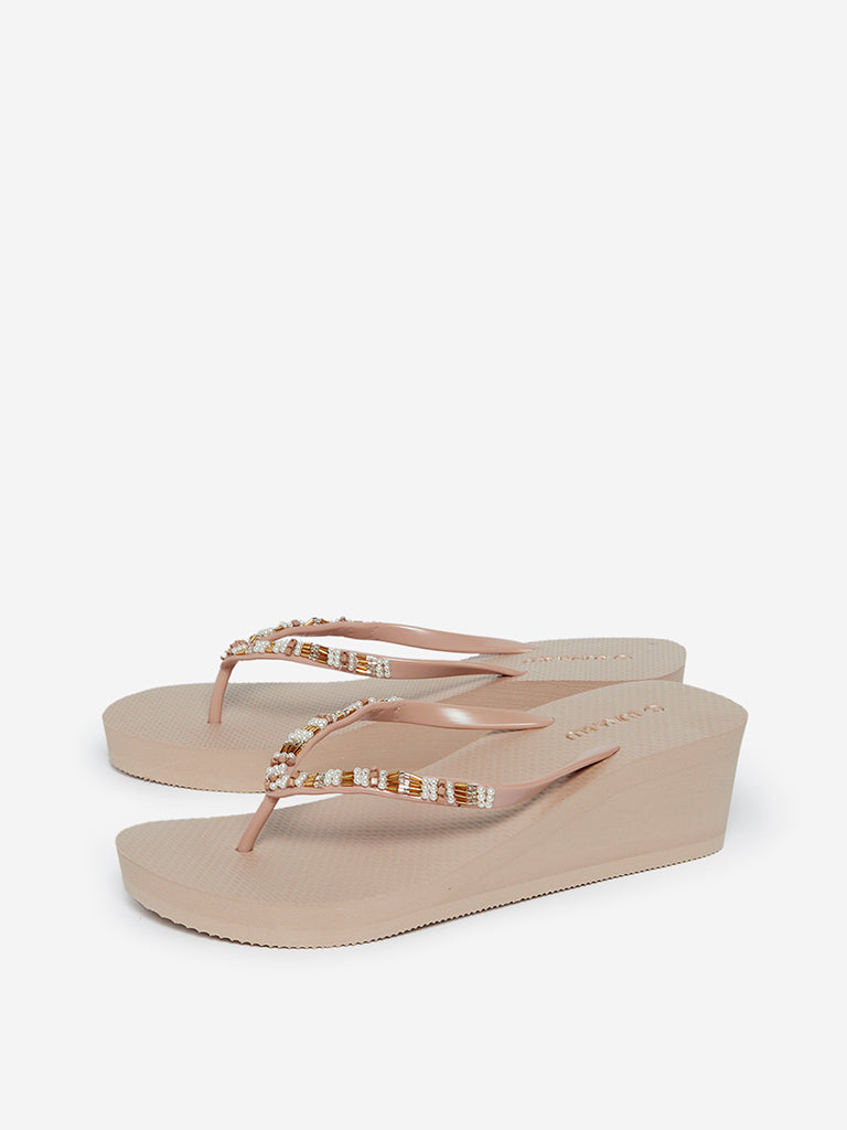 beige wedge flip flops