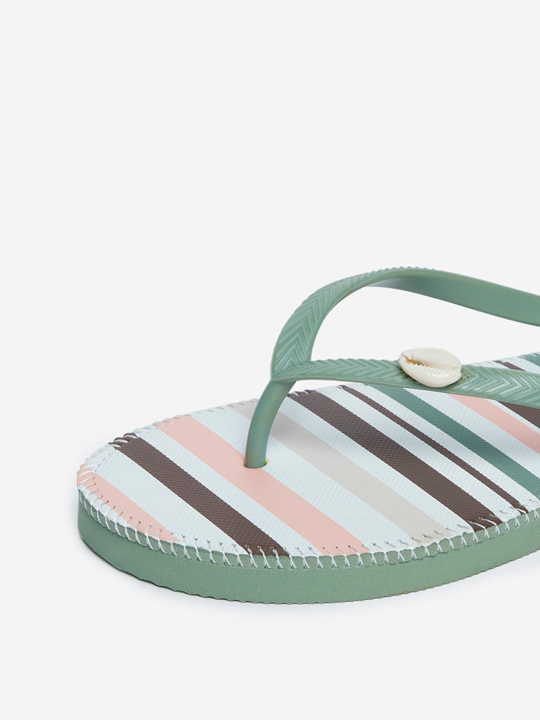 LUNA BLU Sage Green Striped Flip-Flops 