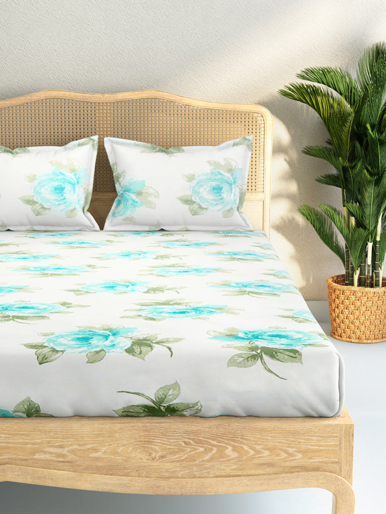Westside Home Aqua Rose 210TC Double Bedsheet With Two Pillowcases