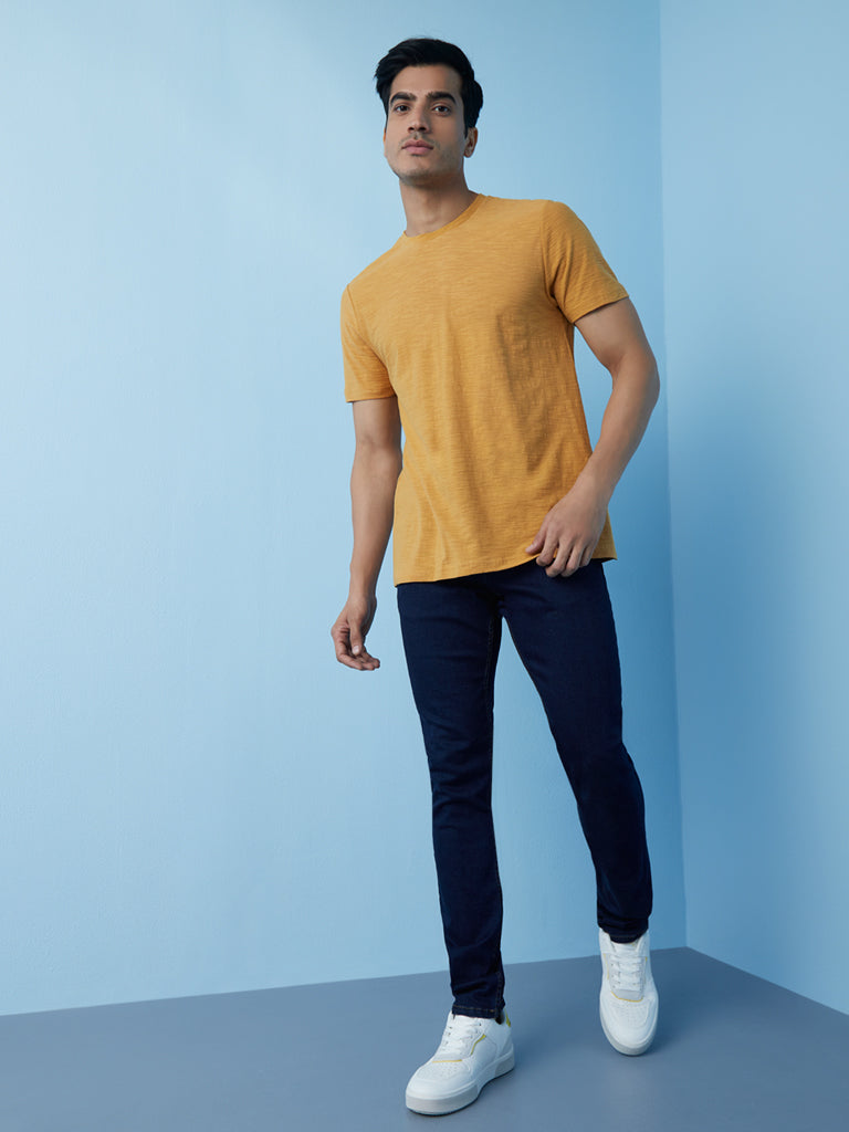 Shop WES Casuals Mustard Textured Slim-Fit T-Shirt Online – Westside