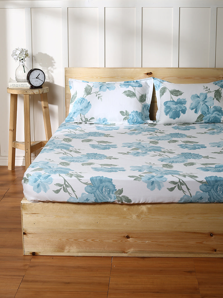 Westside Home Cream Floral Double Bedsheet With Pillow Covers