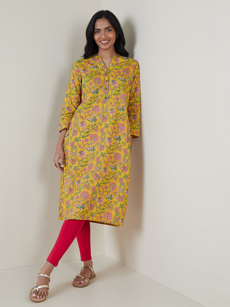 Shop Utsa Dark Yellow Floral Pattern Kurta Online – Westside