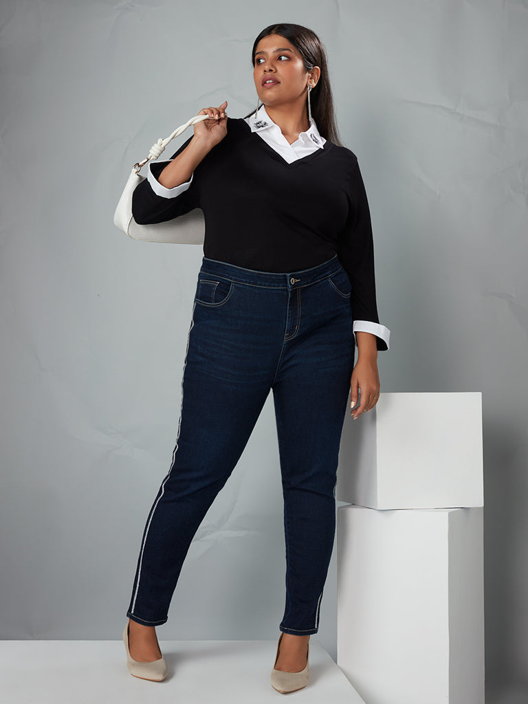 Shop Gia Curves Dark Blue Diamante Design Jeans Online – Westside