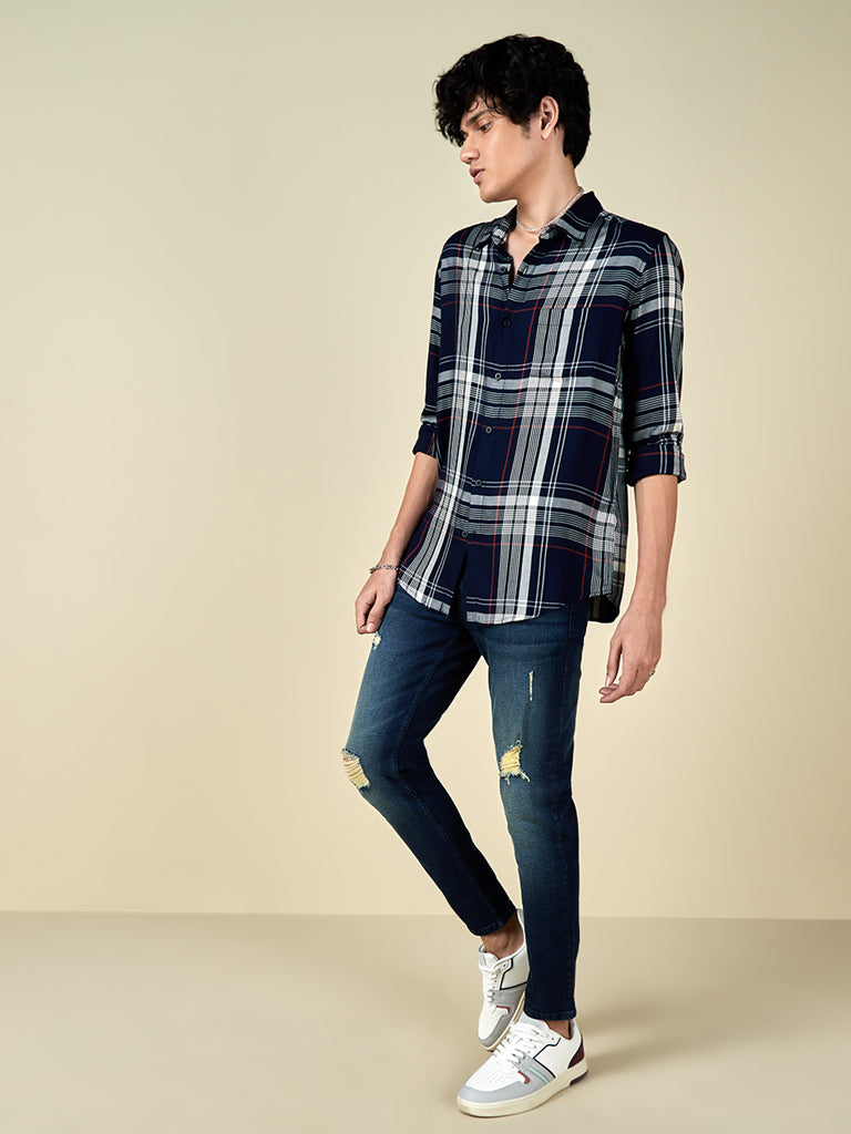 Shop Nuon Navy Flannel Relaxed-Fit Shirt Online – Westside