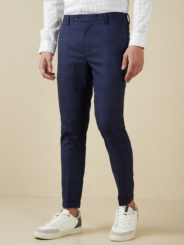 Hancock Men Navy Blue Self Design Checks Stretchable Mid Rise Slim Fit