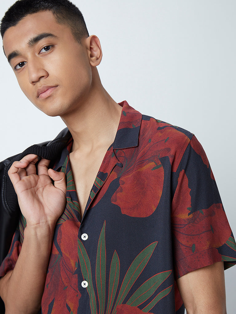 Nuon Red Floral-Print Relaxed-Fit Shirt