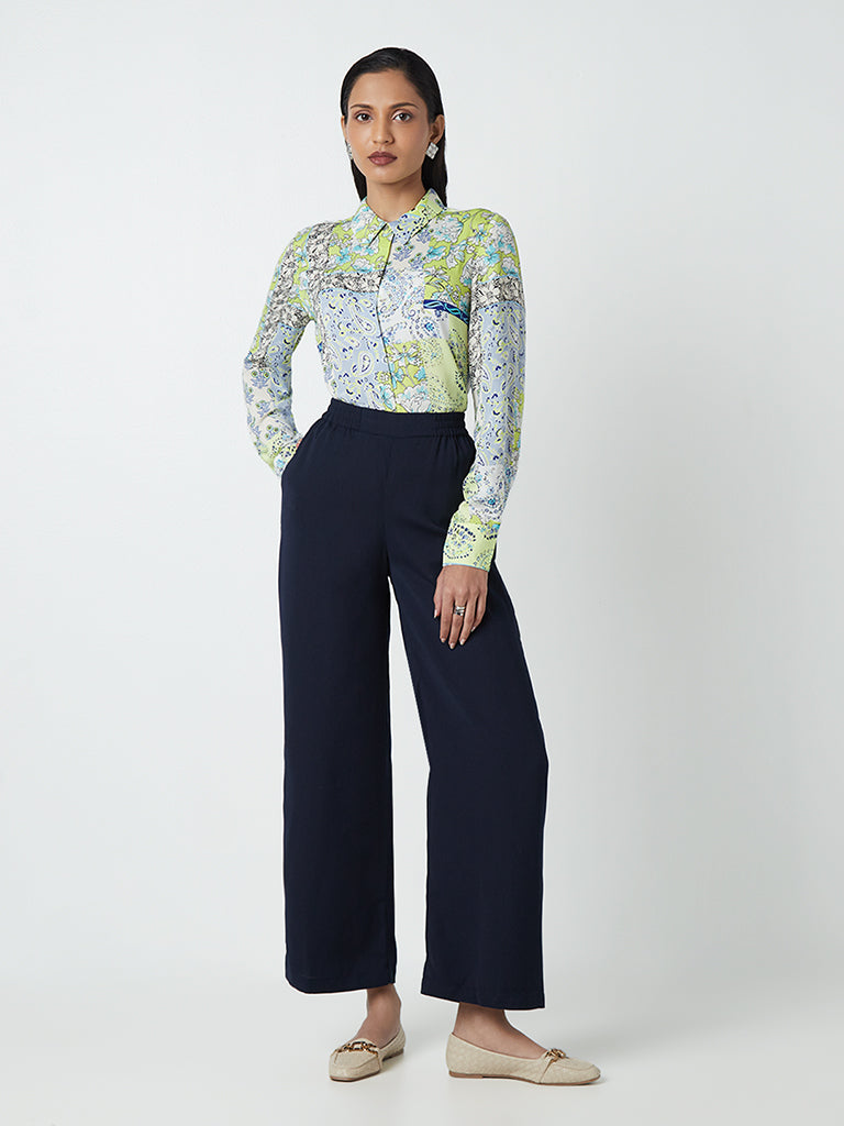 Navy wideleg sidezip trousers with pockets regular length