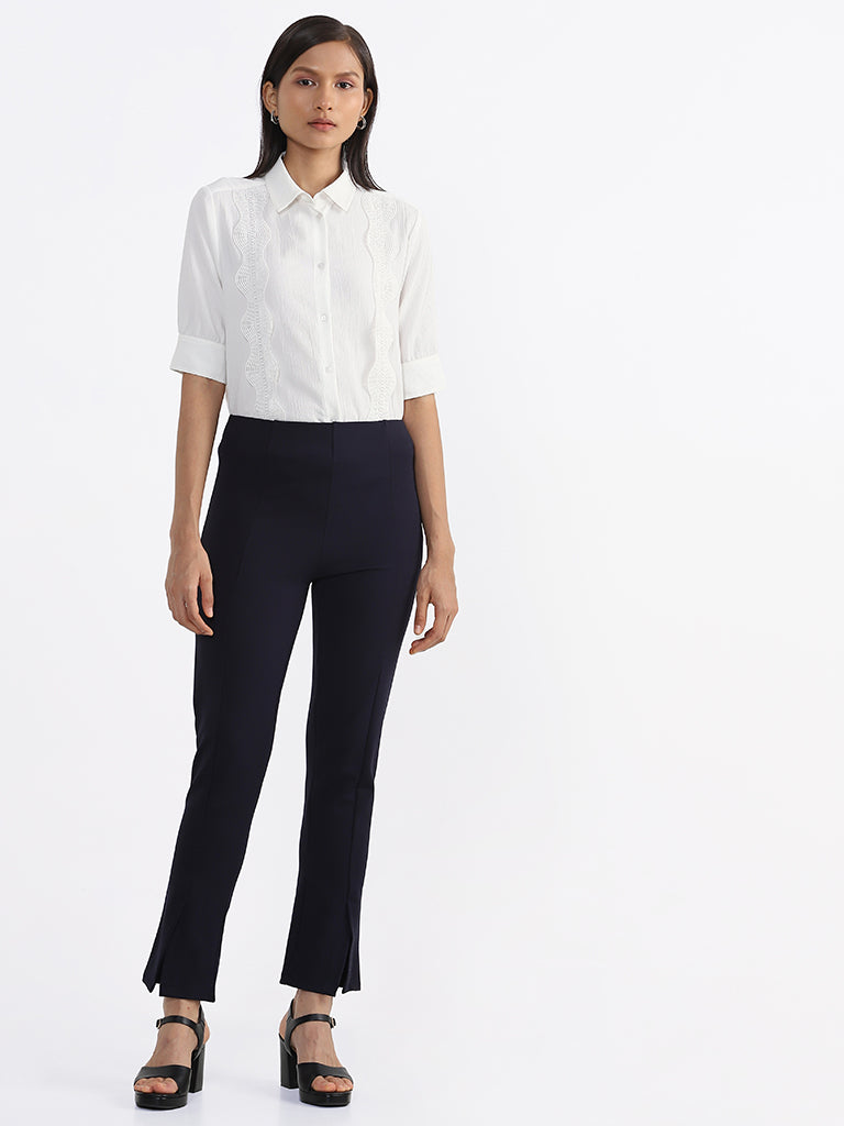 Buy Women White Stripe Formal Slim Fit Trousers Online - 740038 | Van Heusen