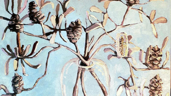 A painting of a banksia flower in a vase. 