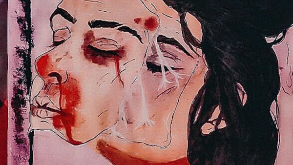 A painting of a bleeding woman's face, a concept of chronic pain