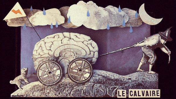 a collage art of a man dragging his brain behind him on a cart.
