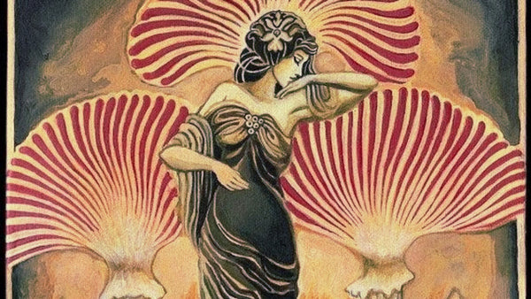 An artwork by Emily Balivet of a woman surrounded by syrian rue flowers