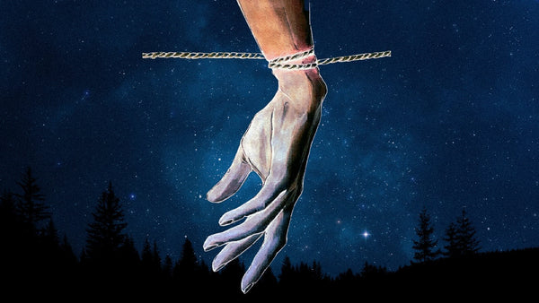 a painting of a hand tied with a rope with a black background, a concept image of chronic pain.