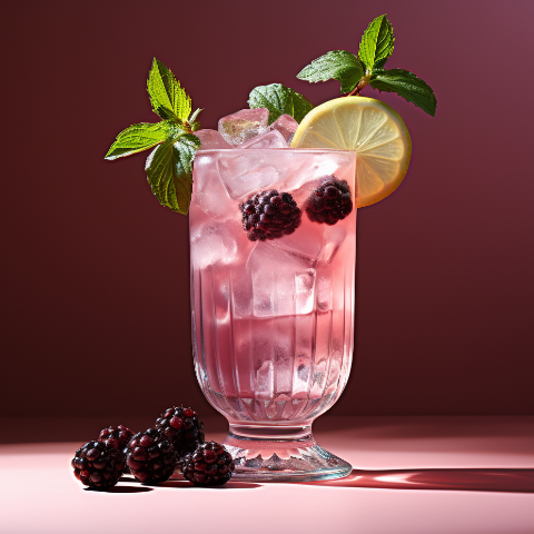 The Blackcurrent Fizz Cocktail, a pink drink on the rocks garnished with blackberries, a lemon slice, and mint leaves