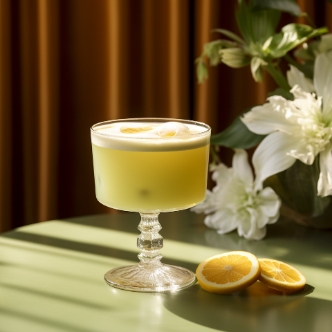The Garden Brew Cocktail, a cloudy yellow drink in a crystal glass garnished with lemon slices