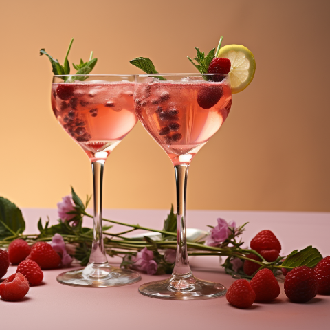 A pair of pink Berry Brit drinks garnished with berries, lemon slices, and mint leaves
