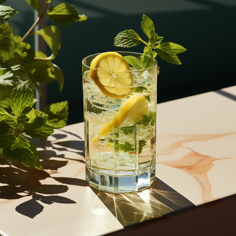 The Earl Grey Refresher drink in a crystal glass, garnished with lemon slices and mint leaves