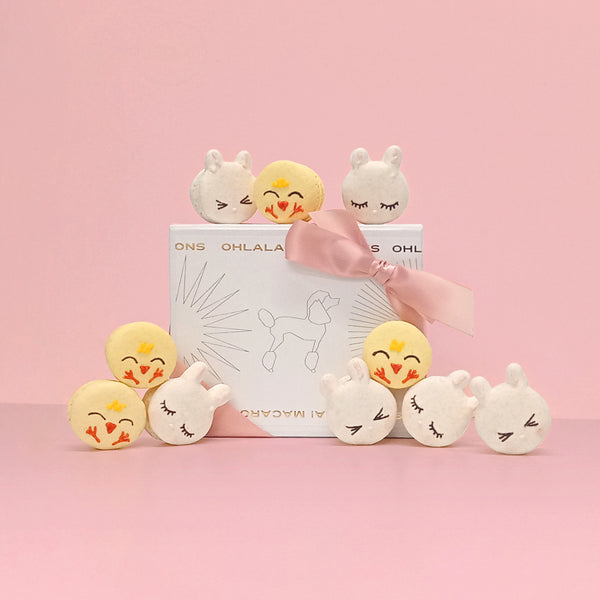 Chick and Bunny Macarons for Easter against a white gift box 