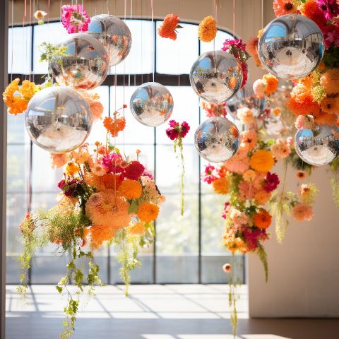 Disco balls and bright flowers hanging down at an Oh La La! Macarons venue