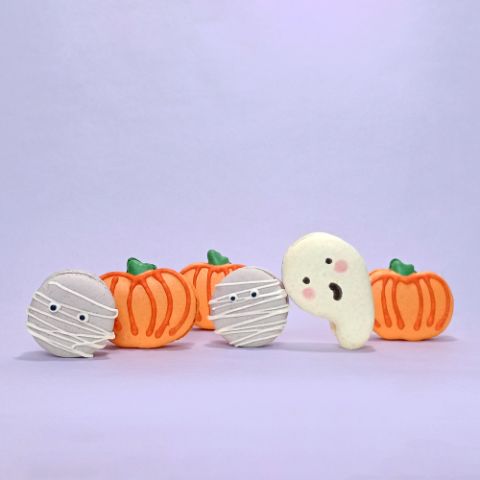 Pumpkin and Ghost Oh La La! Macarons standing upright