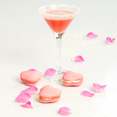 Heart Macarons and Martini with pink rose petals at Oh La La! Macarons