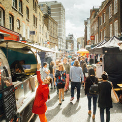 Bustling outdoor shops at the Leather Lane Market