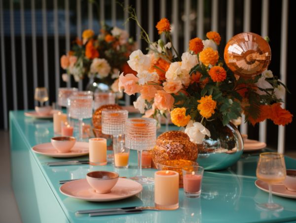 Long teal dining table beautifully set with bright flowers at Oh La La! Macarons